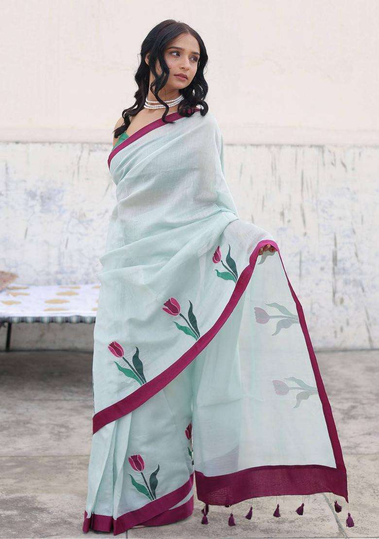 Pankhudi Blue Tassel Saree without Blouse for Women Festive Wear - Indya
