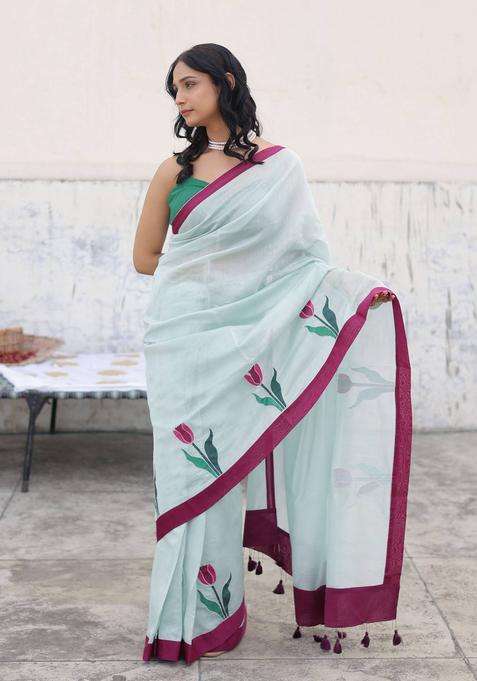 Pankhudi Blue Tassel Saree without Blouse for Women Festive Wear