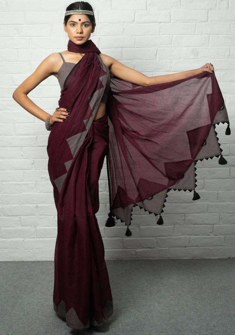 Qala Textured Maroon Saree without Blouse for Women Casual Wear - Indya