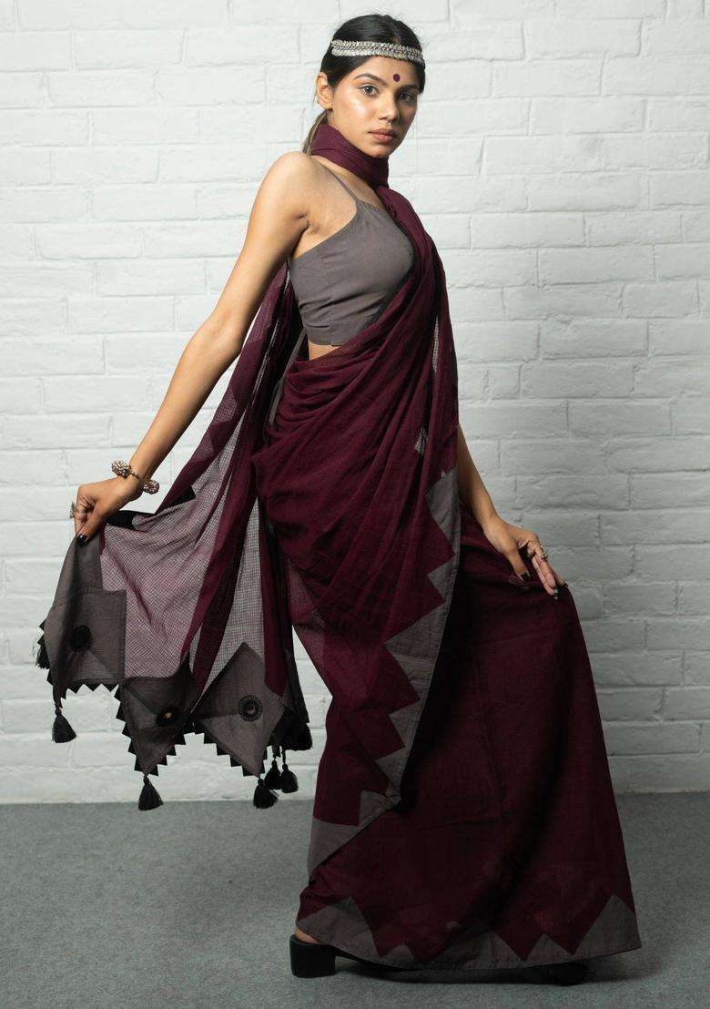 Qala Textured Maroon Saree without Blouse for Women Casual Wear - Indya