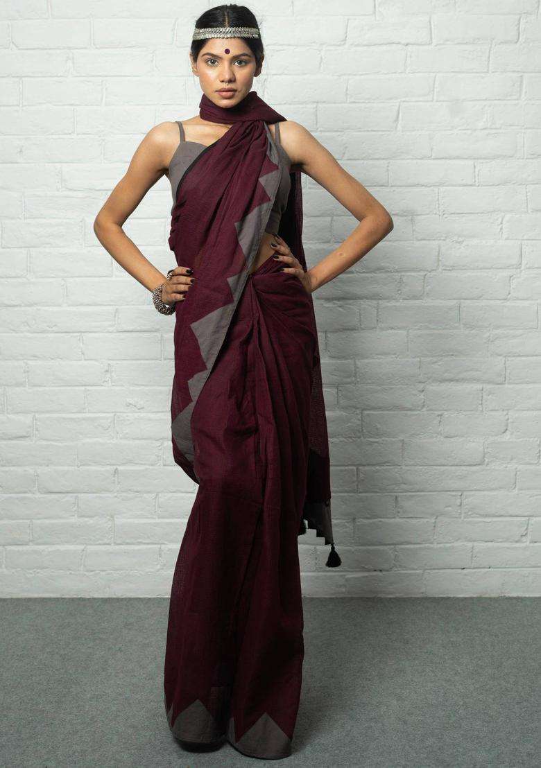 Qala Textured Maroon Saree without Blouse for Women Casual Wear - Indya