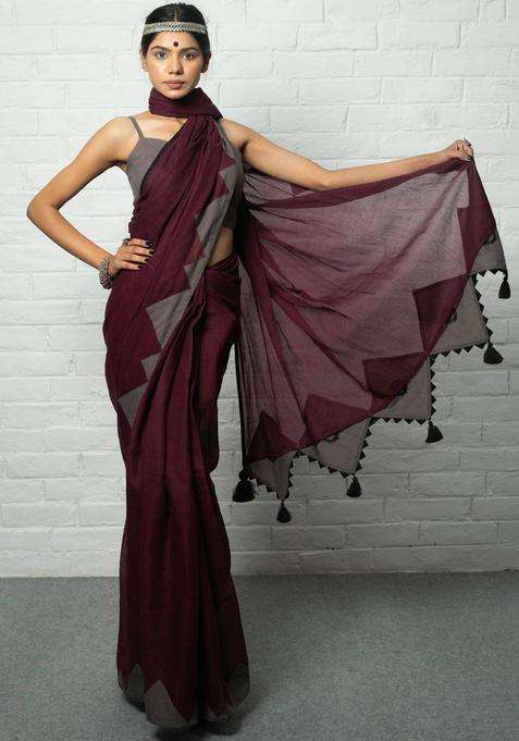 Qala Textured Maroon Saree without Blouse for Women Casual Wear