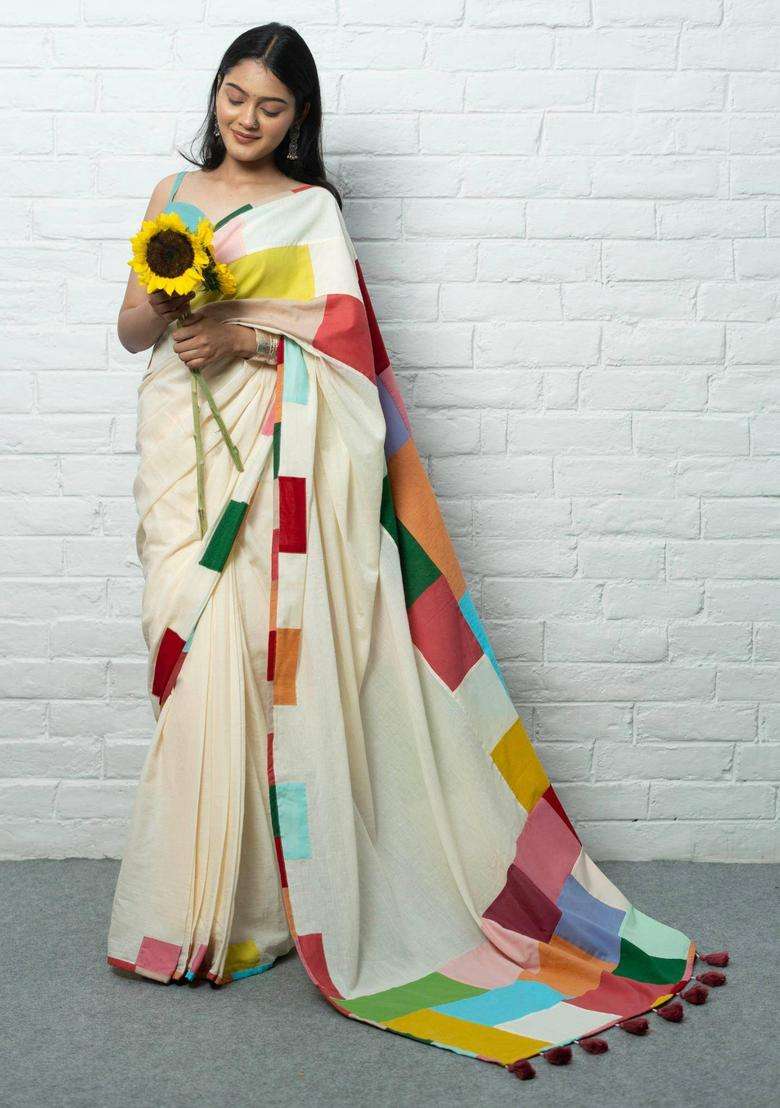 Rangoli Woven White Saree without Blouse for Women Casual Wear - Indya