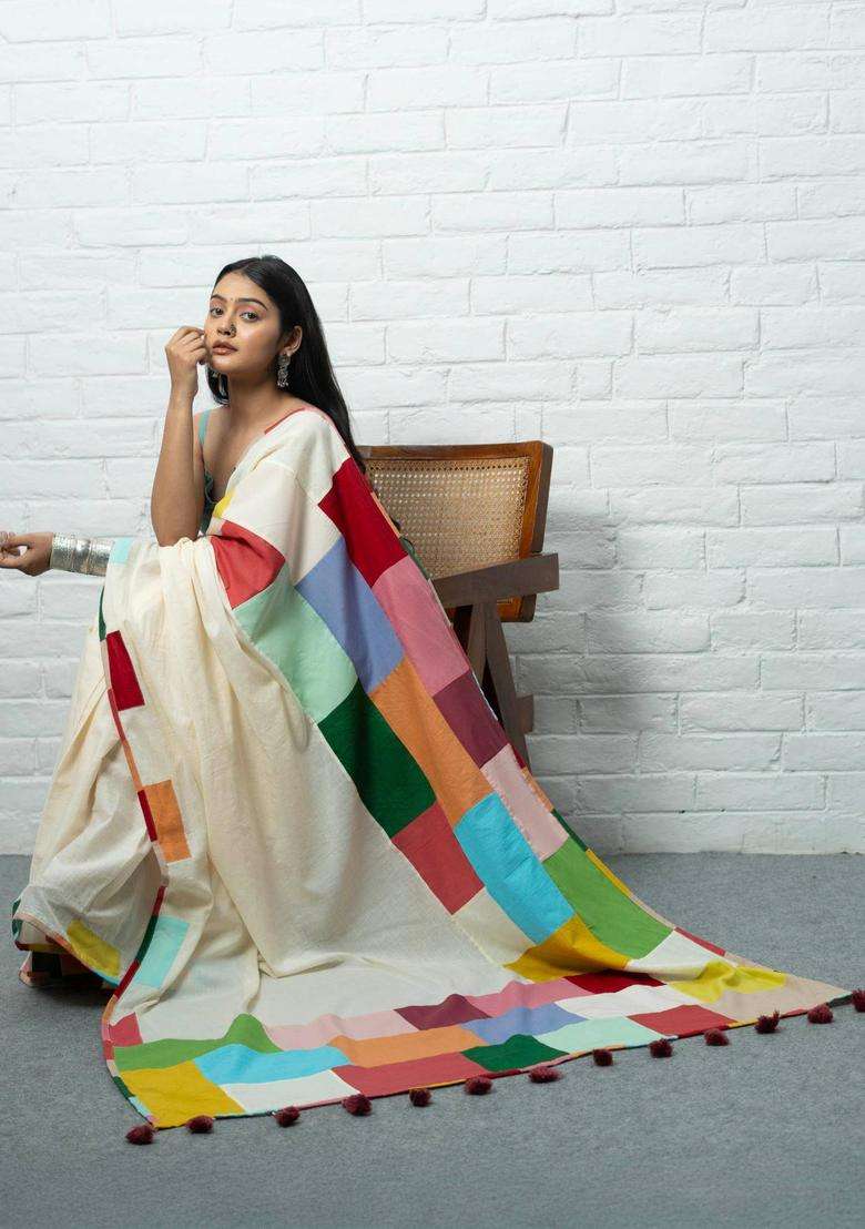 Rangoli Woven White Saree without Blouse for Women Casual Wear - Indya