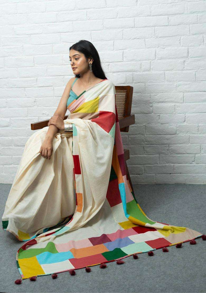 Rangoli Woven White Saree without Blouse for Women Casual Wear - Indya