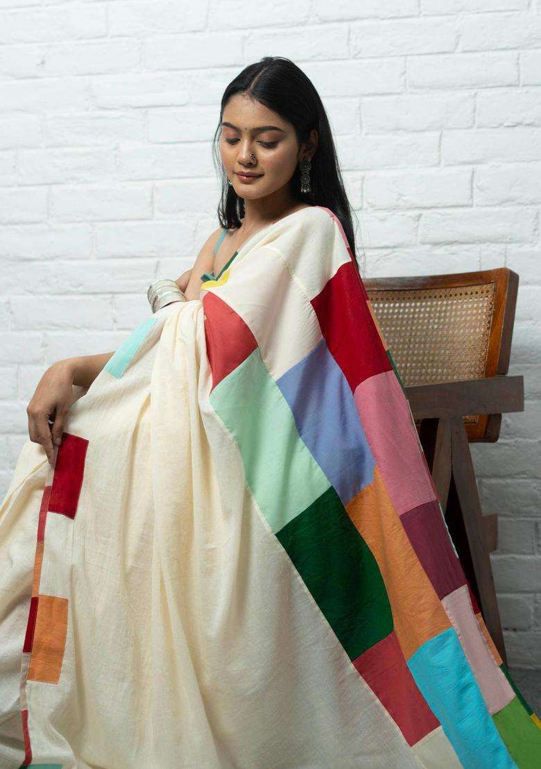 Rangoli Woven White Saree without Blouse for Women Casual Wear - Indya