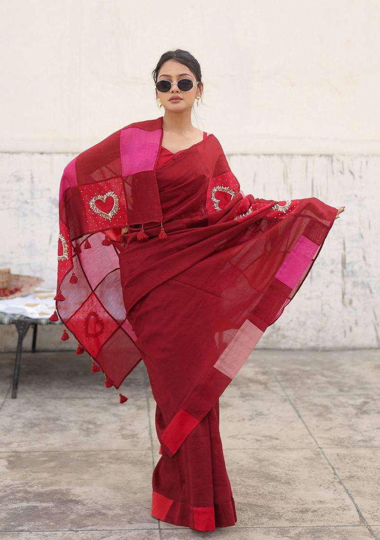 Red Mohabbat Embroidered Saree without Blouse for Women Festive Wear - Indya