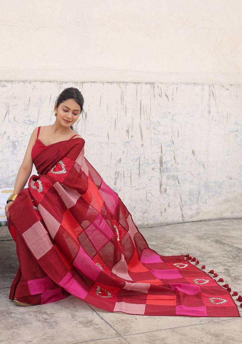 Red Mohabbat Embroidered Saree without Blouse for Women Festive Wear - Indya