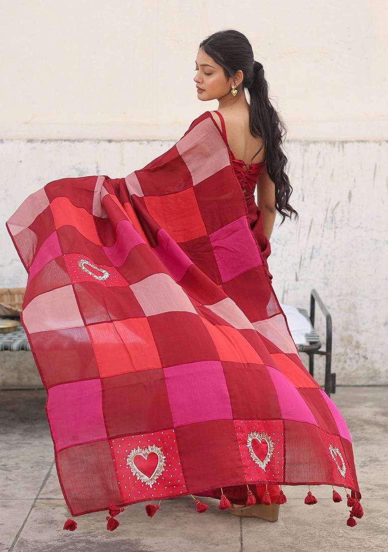 Red Mohabbat Embroidered Saree without Blouse for Women Festive Wear - Indya