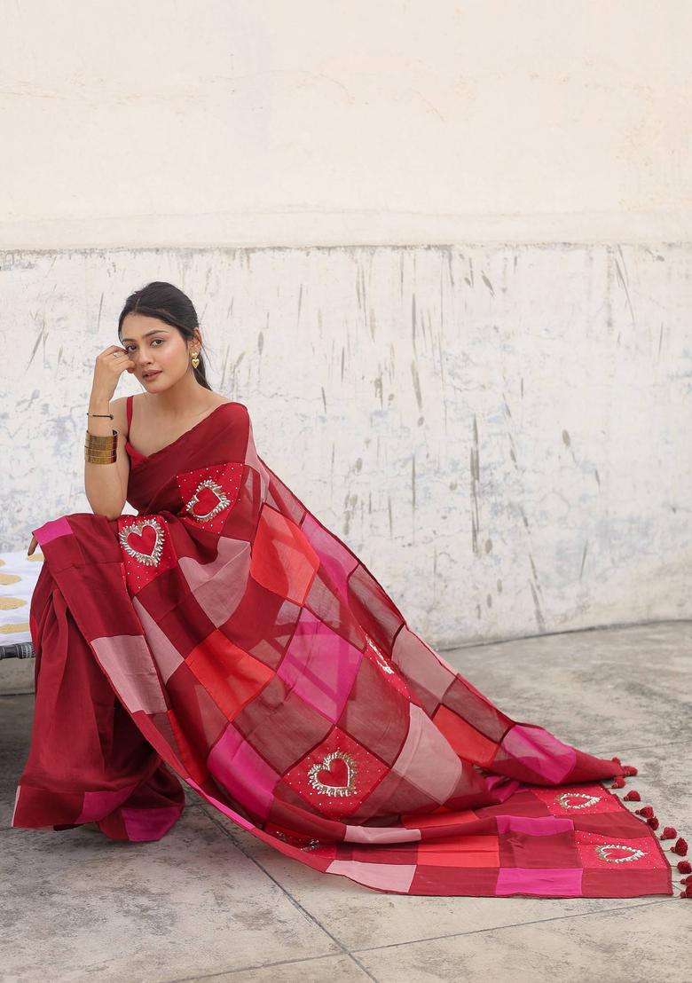 Red Mohabbat Embroidered Saree without Blouse for Women Festive Wear - Indya