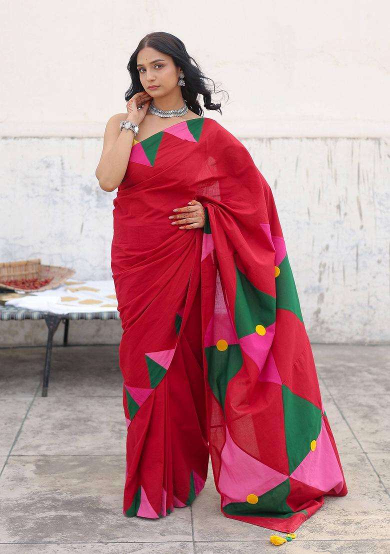 Red Trivara Embroidered Saree without Blouse for Women Festive Wear - Indya