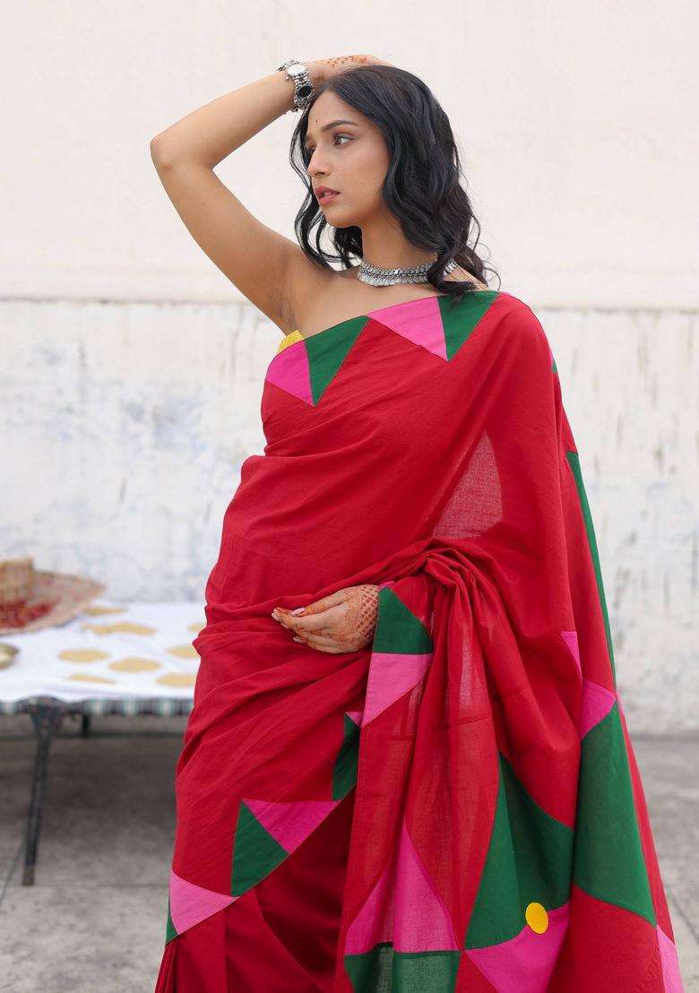 Red Trivara Embroidered Saree without Blouse for Women Festive Wear - Indya