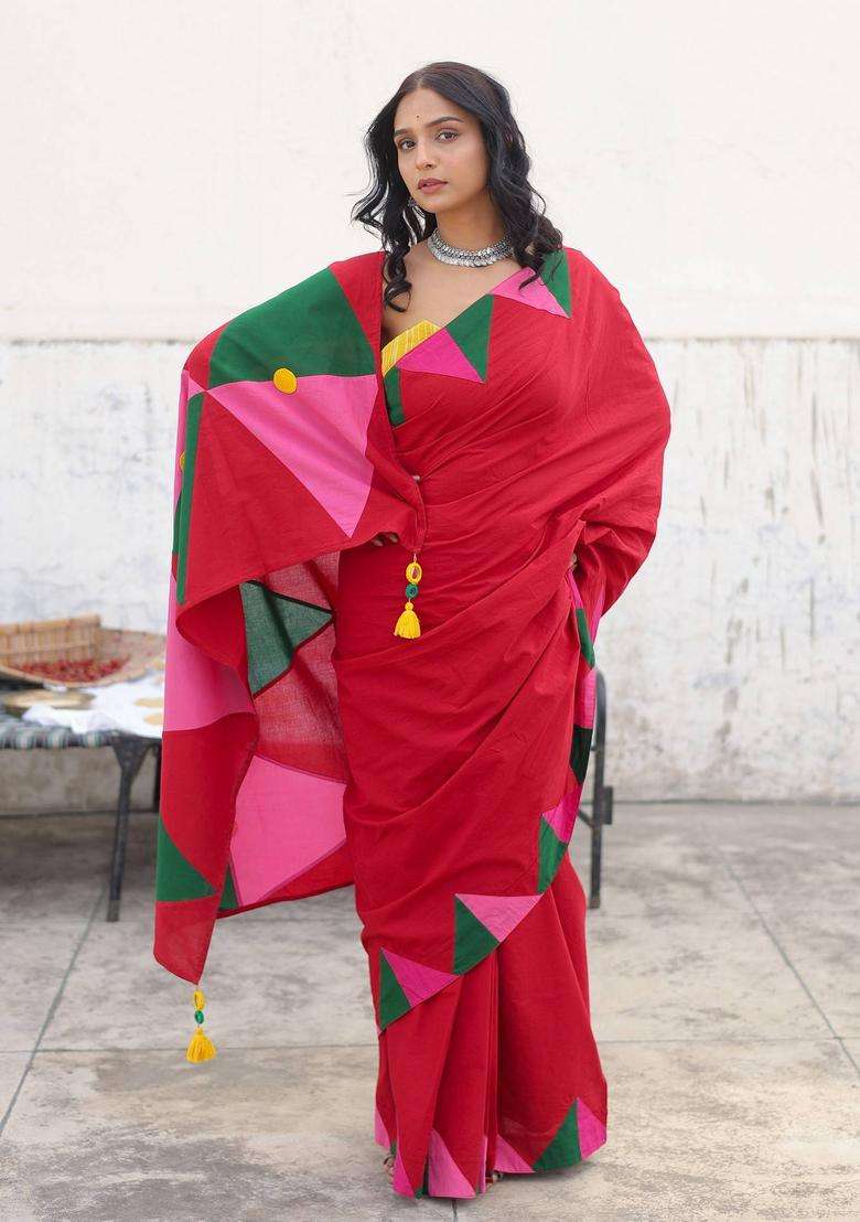 Red Trivara Embroidered Saree without Blouse for Women Festive Wear - Indya