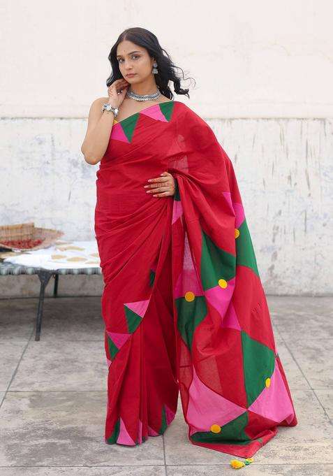 Red Trivara Embroidered Saree without Blouse for Women Festive Wear
