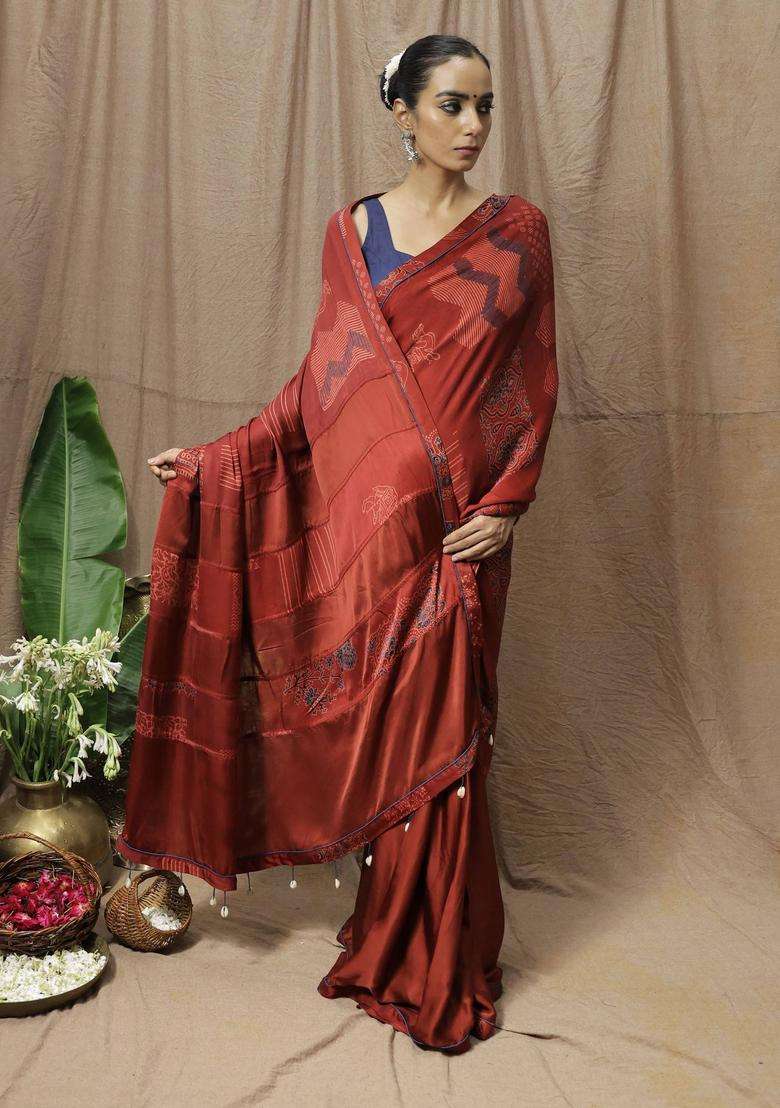 Ruby Maroon Printed Saree without Blouse for Women Festive Wear - Indya