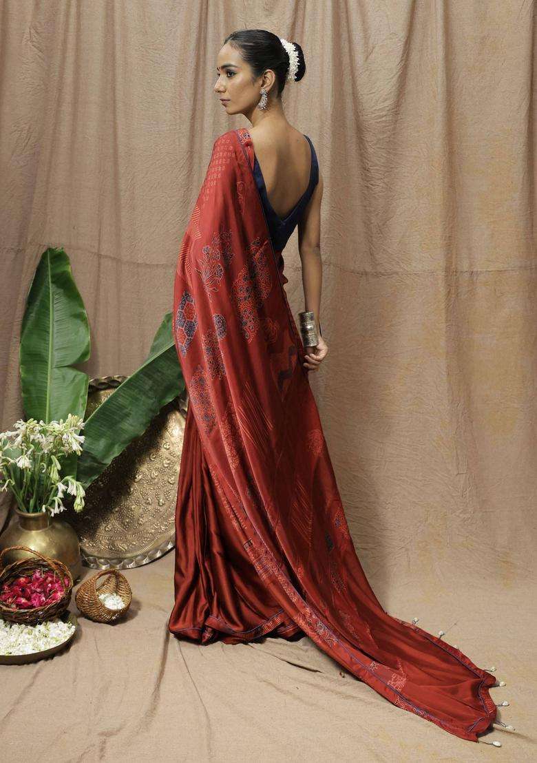 Ruby Maroon Printed Saree without Blouse for Women Festive Wear - Indya