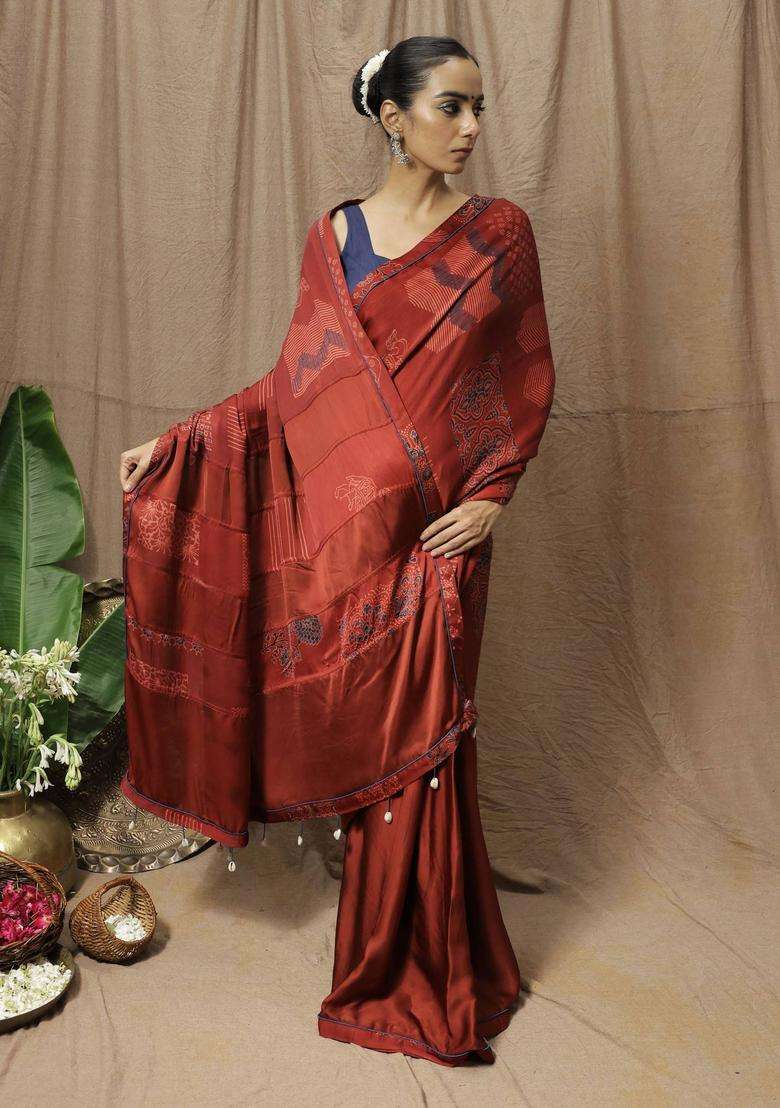 Ruby Maroon Printed Saree without Blouse for Women Festive Wear - Indya