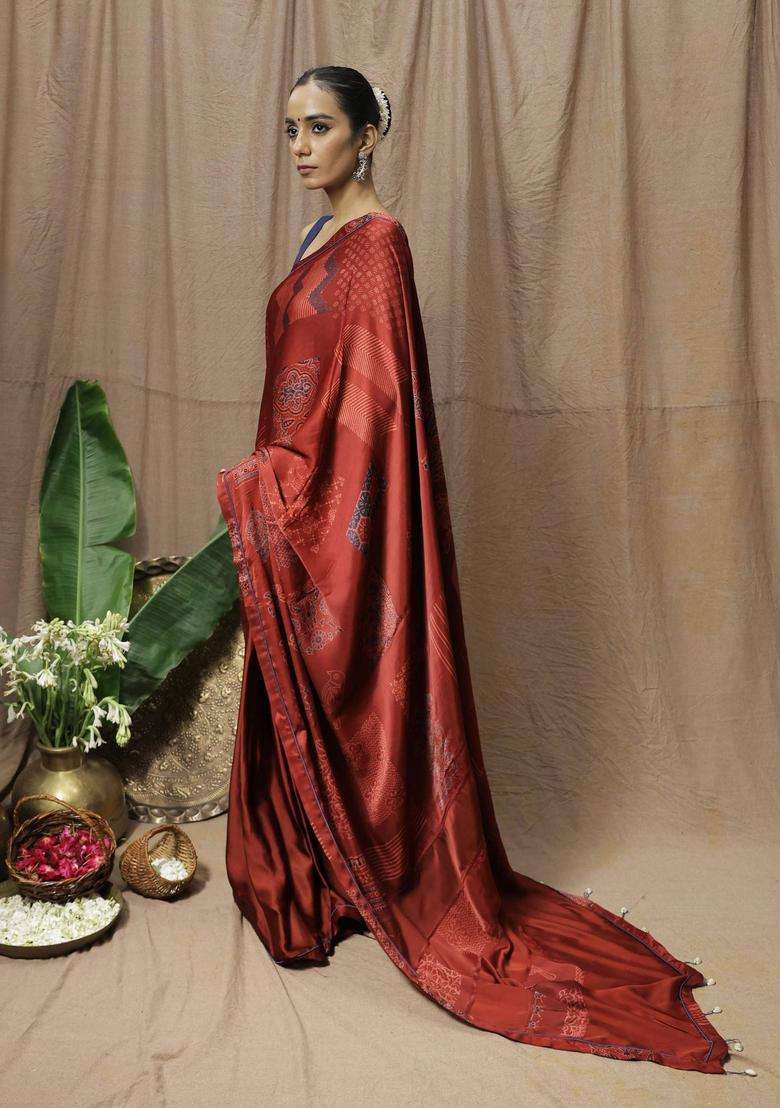 Ruby Maroon Printed Saree without Blouse for Women Festive Wear - Indya