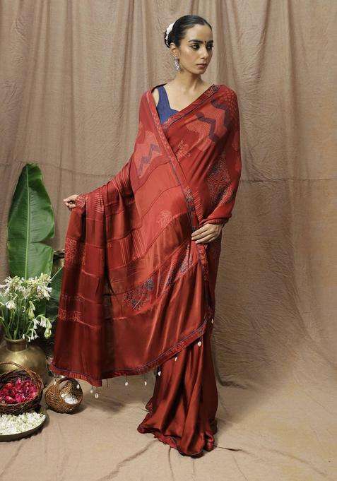 Ruby Maroon Printed Saree without Blouse for Women Festive Wear