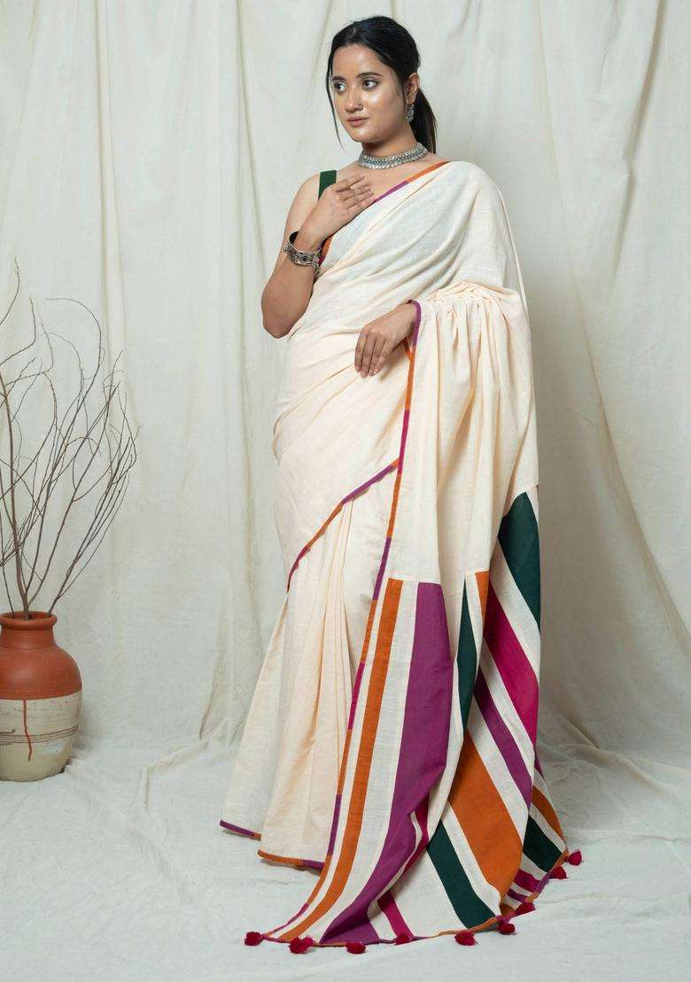 Ruhani Off White Stripes Tassels Work Saree without Blouse for Women Casual Wear - Indya