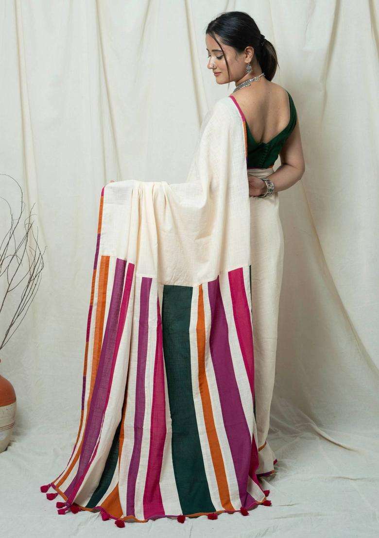 Ruhani Off White Stripes Tassels Work Saree without Blouse for Women Casual Wear - Indya