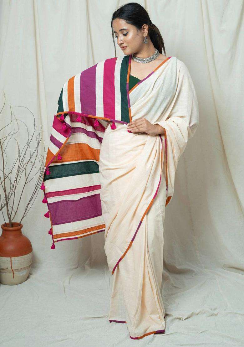 Ruhani Off White Stripes Tassels Work Saree without Blouse for Women Casual Wear - Indya