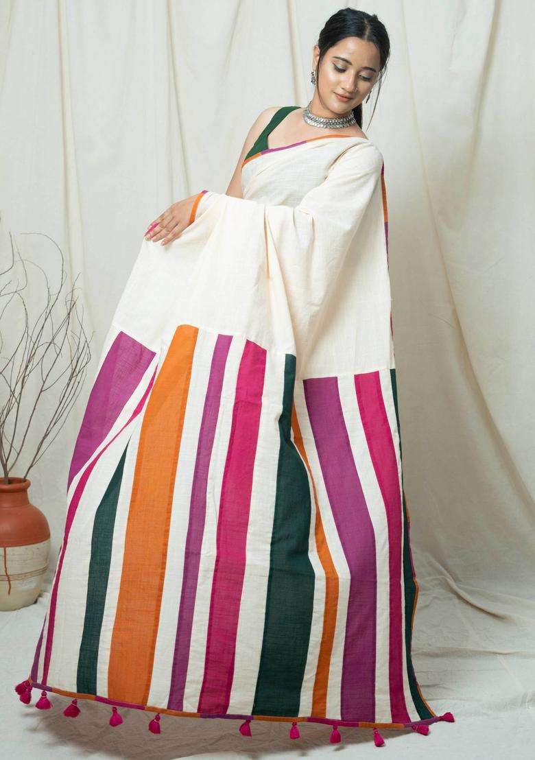 Ruhani Off White Stripes Tassels Work Saree without Blouse for Women Casual Wear - Indya