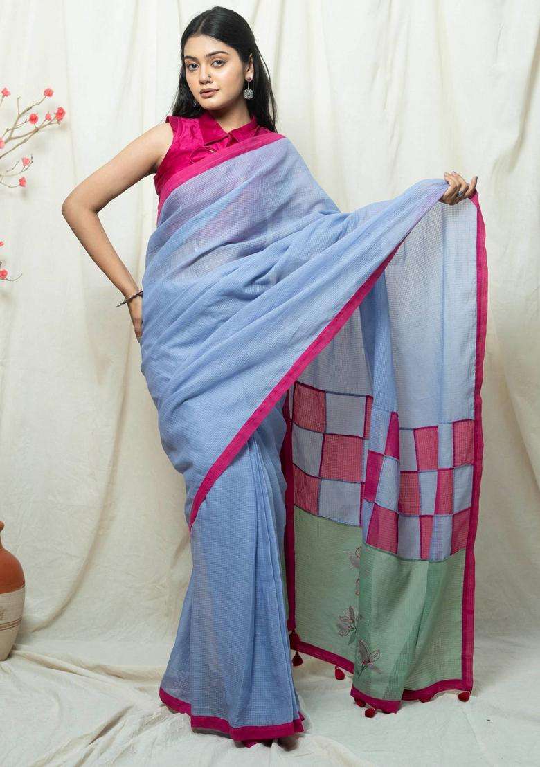 Saanjh Blue Handloom Hand Embroidery Saree without Blouse for Women Casual Wear - Indya
