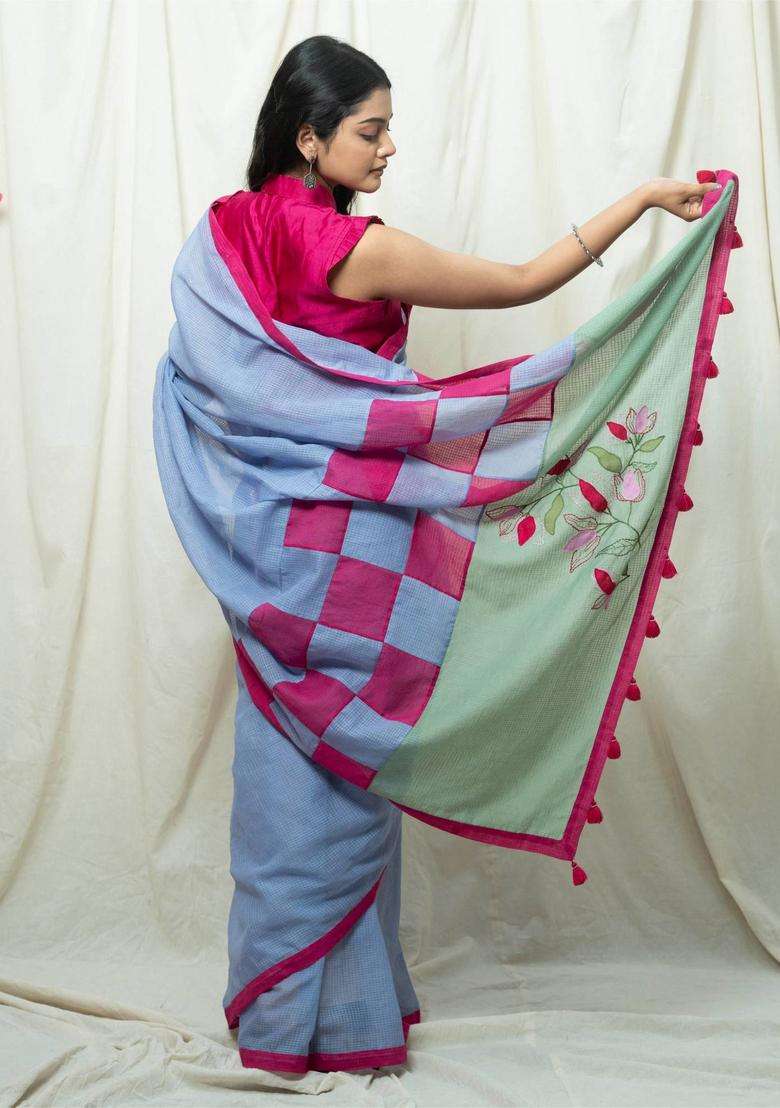 Saanjh Blue Handloom Hand Embroidery Saree without Blouse for Women Casual Wear - Indya