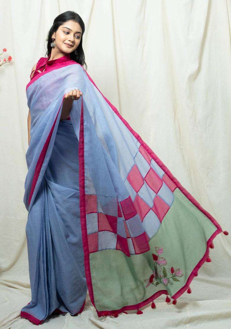 Saanjh Blue Handloom Hand Embroidery Saree without Blouse for Women Casual Wear - Indya