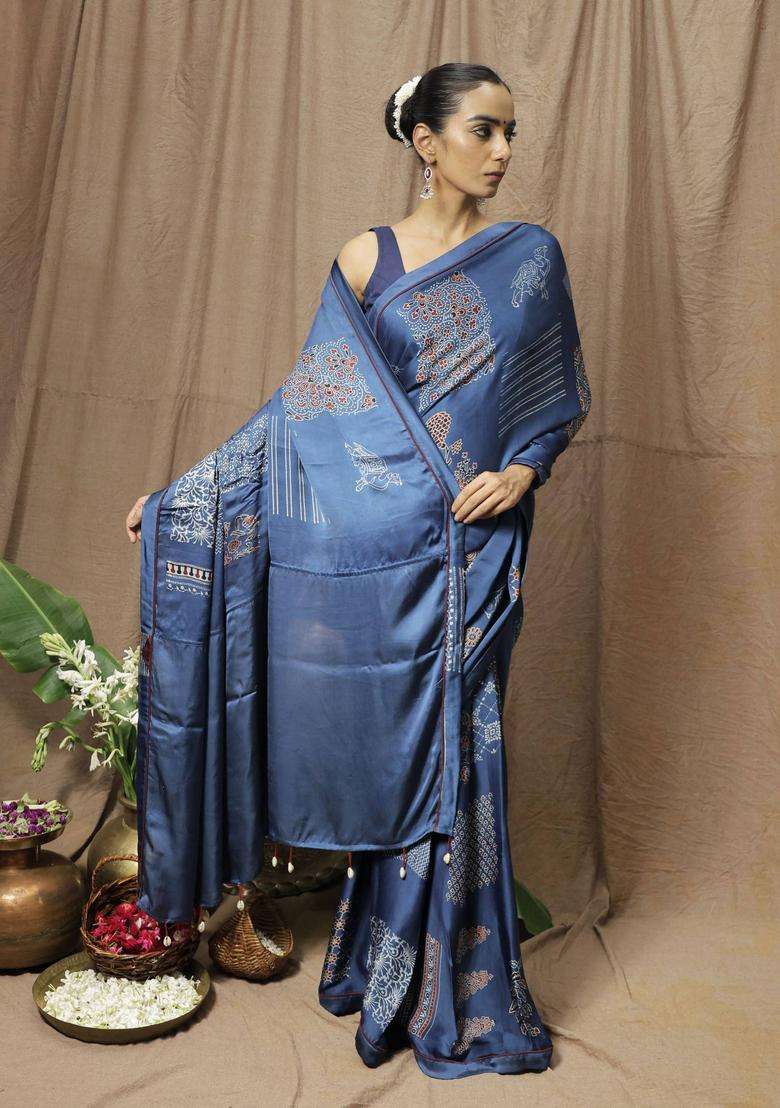 Samara Blue Printed Saree without Blouse for Women Festive Wear - Indya