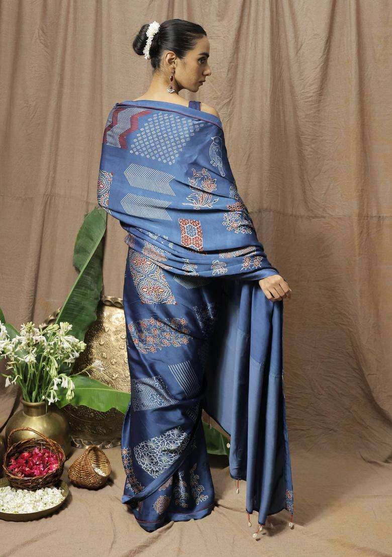 Samara Blue Printed Saree without Blouse for Women Festive Wear - Indya