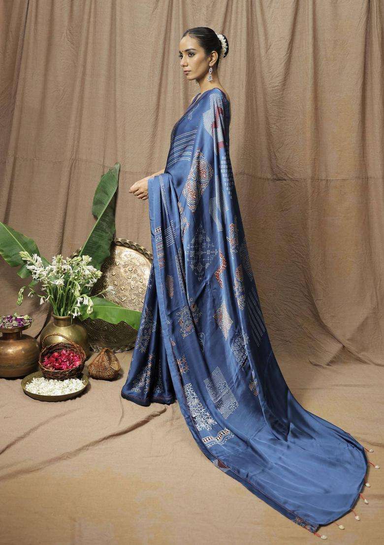 Samara Blue Printed Saree without Blouse for Women Festive Wear - Indya