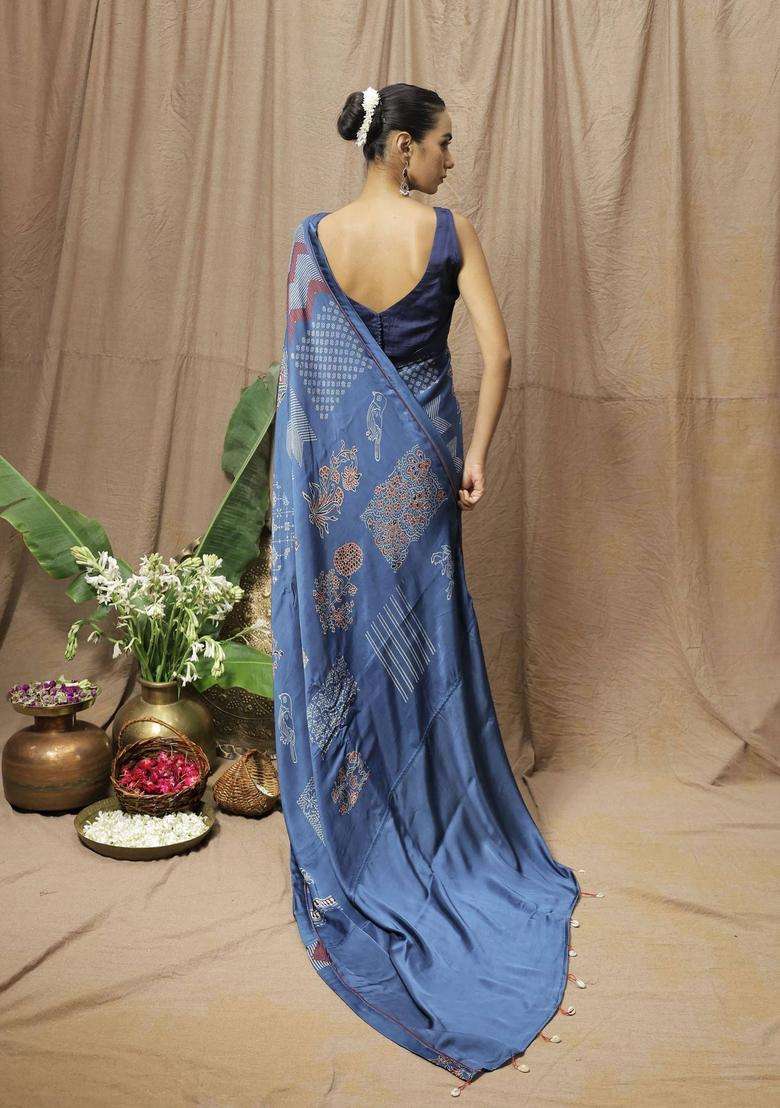 Samara Blue Printed Saree without Blouse for Women Festive Wear - Indya