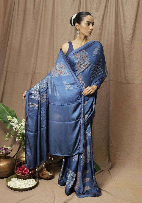 Samara Blue Printed Saree without Blouse for Women Festive Wear