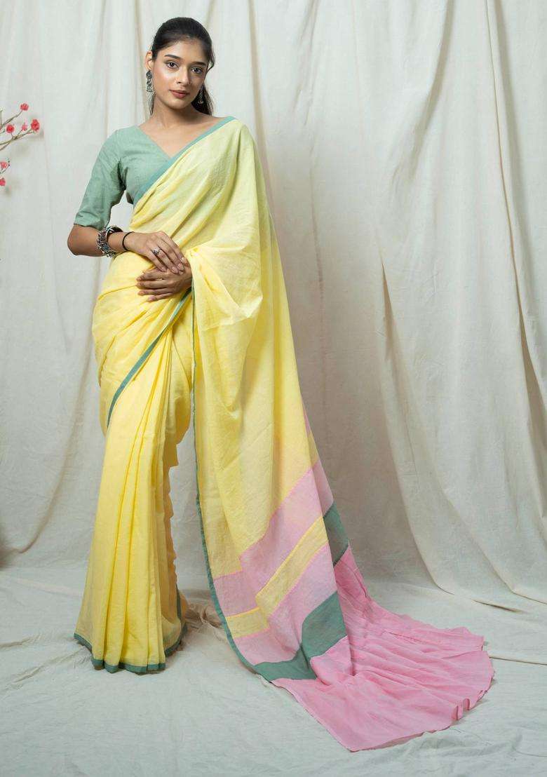 Sara Yellow Solid Handloom Saree without Blouse for Women Casual Wear - Indya
