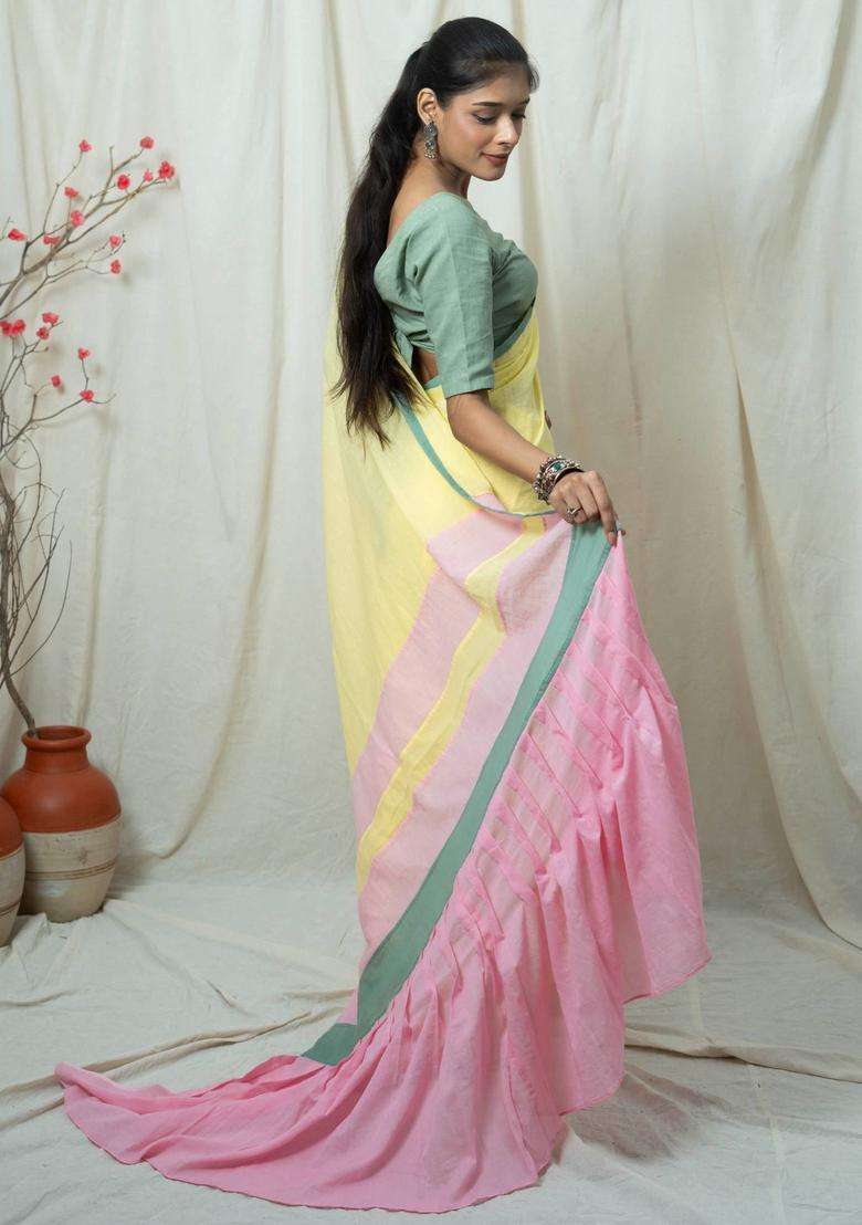 Sara Yellow Solid Handloom Saree without Blouse for Women Casual Wear - Indya