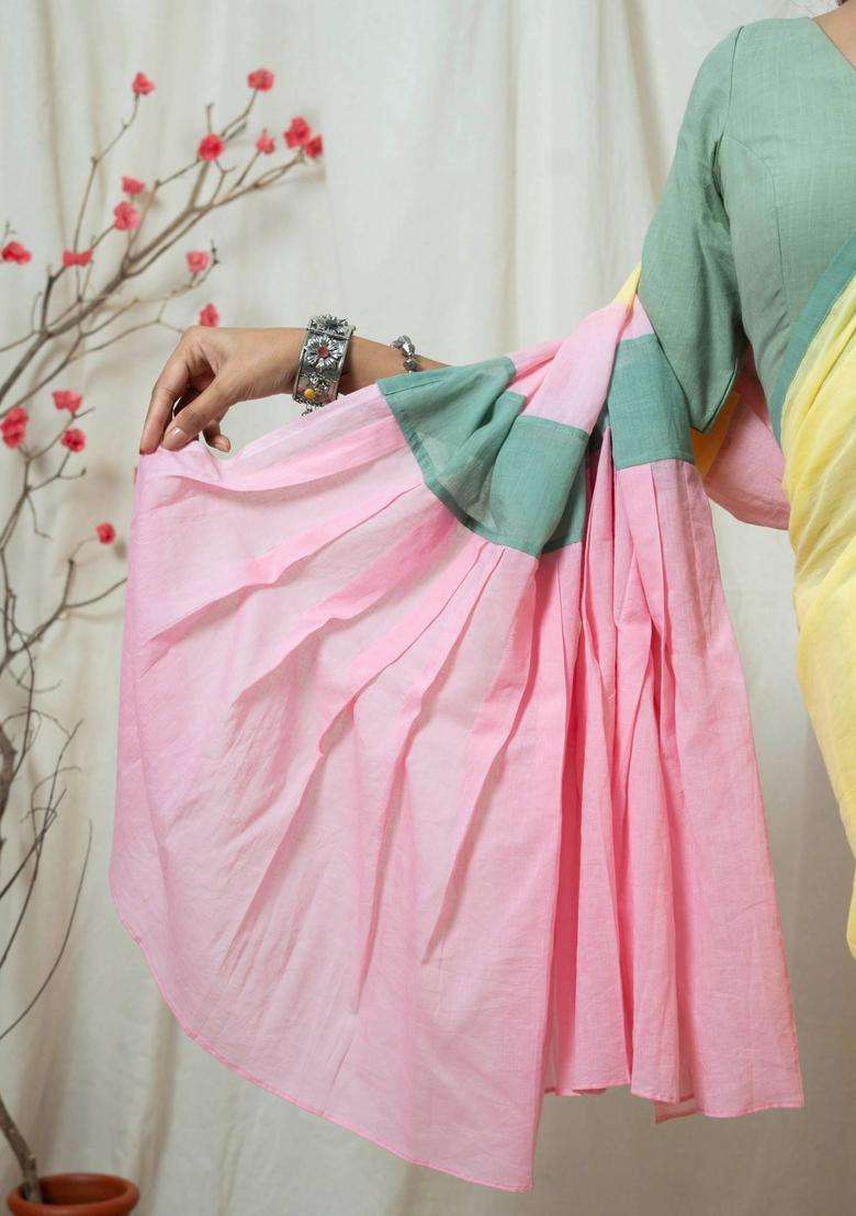 Sara Yellow Solid Handloom Saree without Blouse for Women Casual Wear - Indya