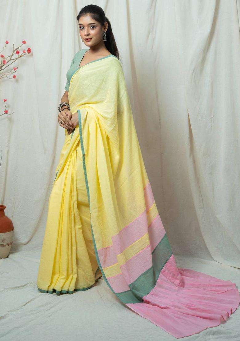 Sara Yellow Solid Handloom Saree without Blouse for Women Casual Wear - Indya