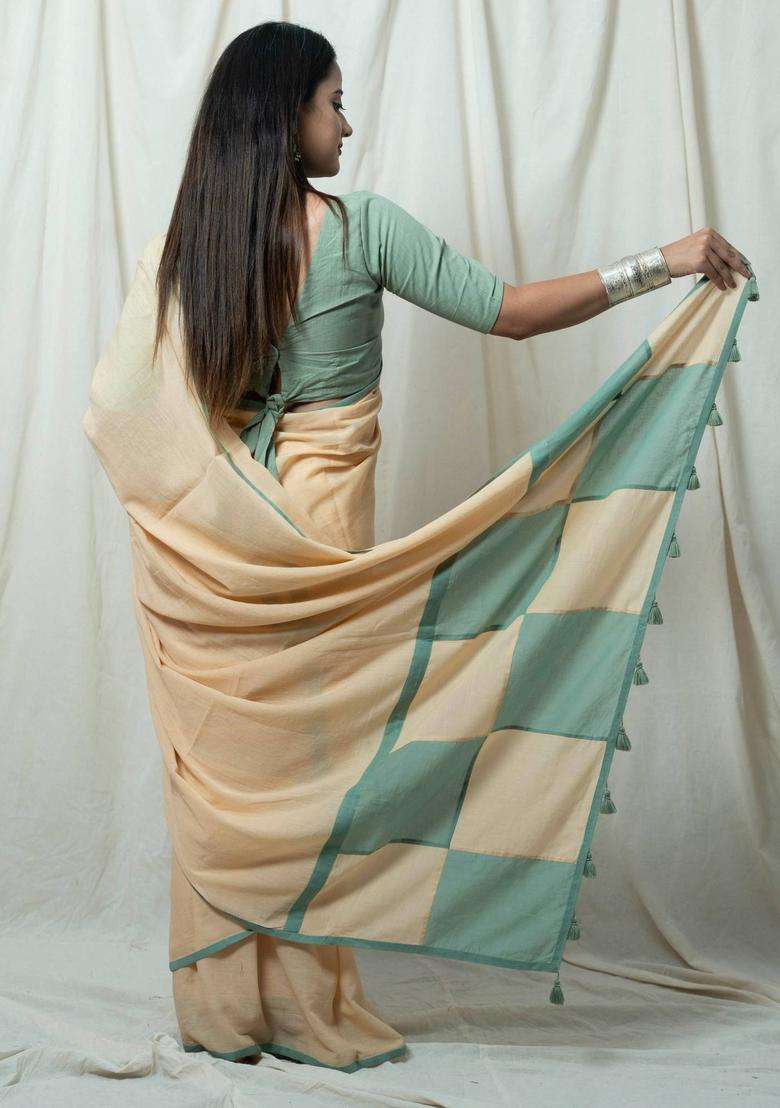 Sasha Beige Solid Tassel Work Saree without Blouse for Women Casual Wear - Indya