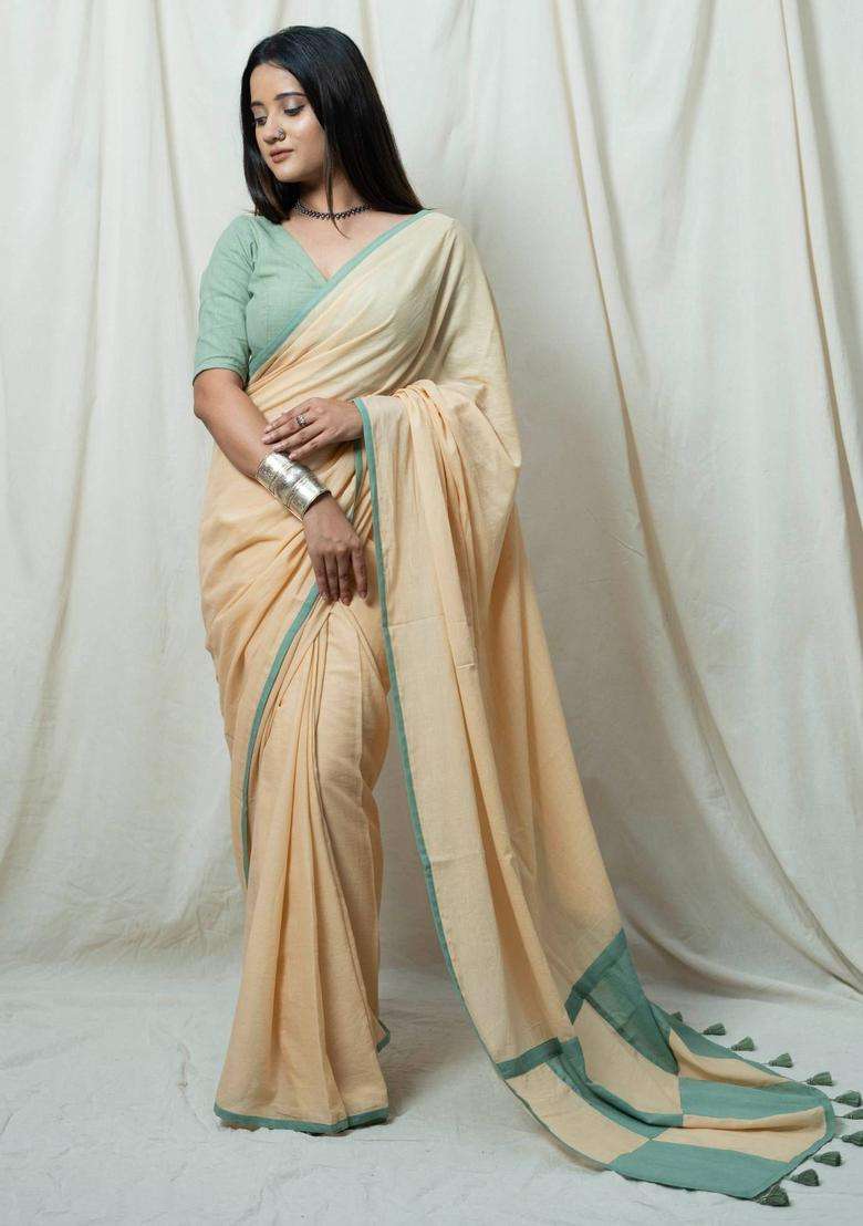 Sasha Beige Solid Tassel Work Saree without Blouse for Women Casual Wear - Indya