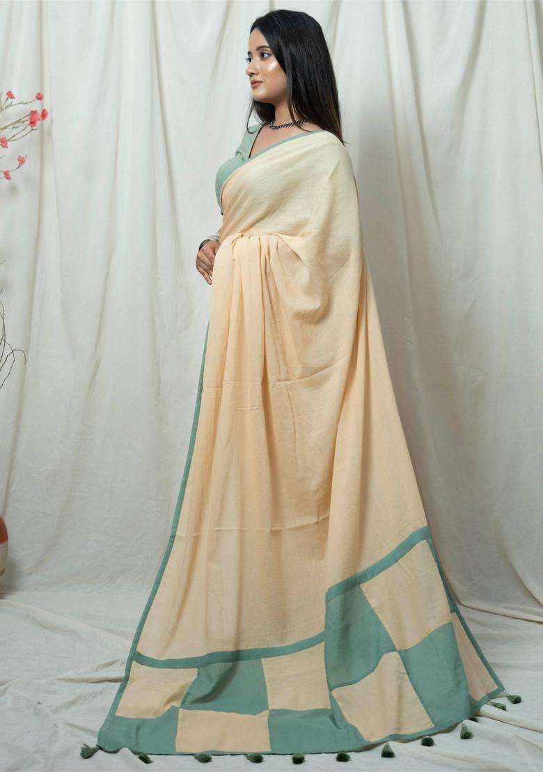 Sasha Beige Solid Tassel Work Saree without Blouse for Women Casual Wear - Indya