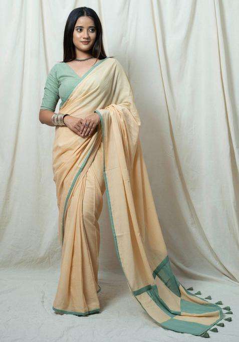 Sasha Beige Solid Tassel Work Saree without Blouse for Women Casual Wear
