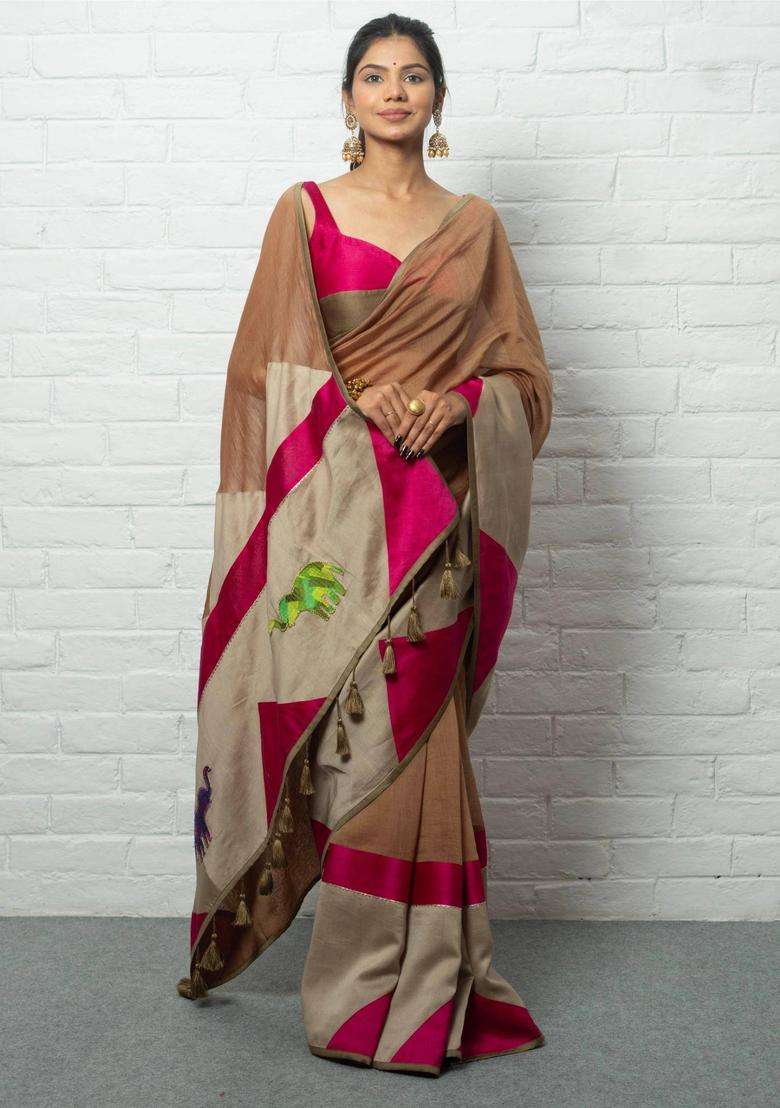 Savitri Woven Brown Saree without Blouse for Women Casual Wear - Indya