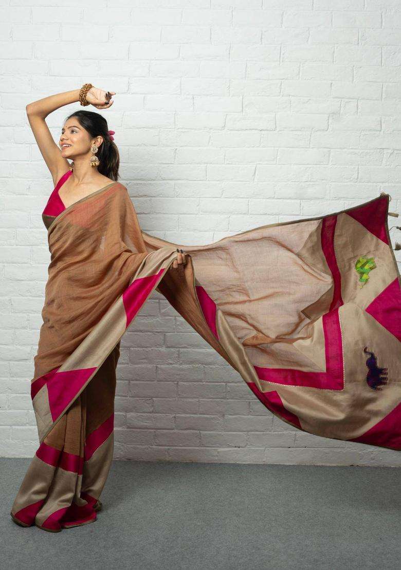 Savitri Woven Brown Saree without Blouse for Women Casual Wear - Indya
