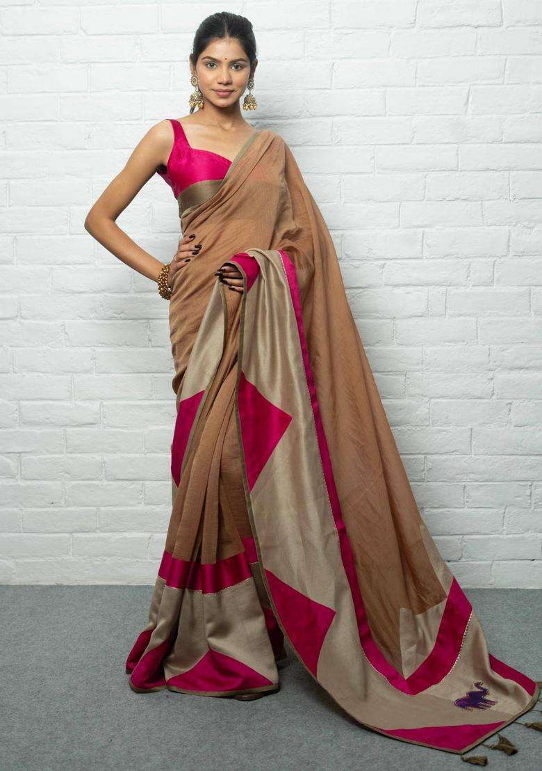 Savitri Woven Brown Saree without Blouse for Women Casual Wear - Indya