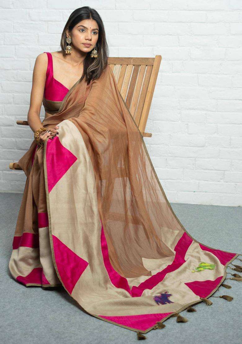 Savitri Woven Brown Saree without Blouse for Women Casual Wear - Indya