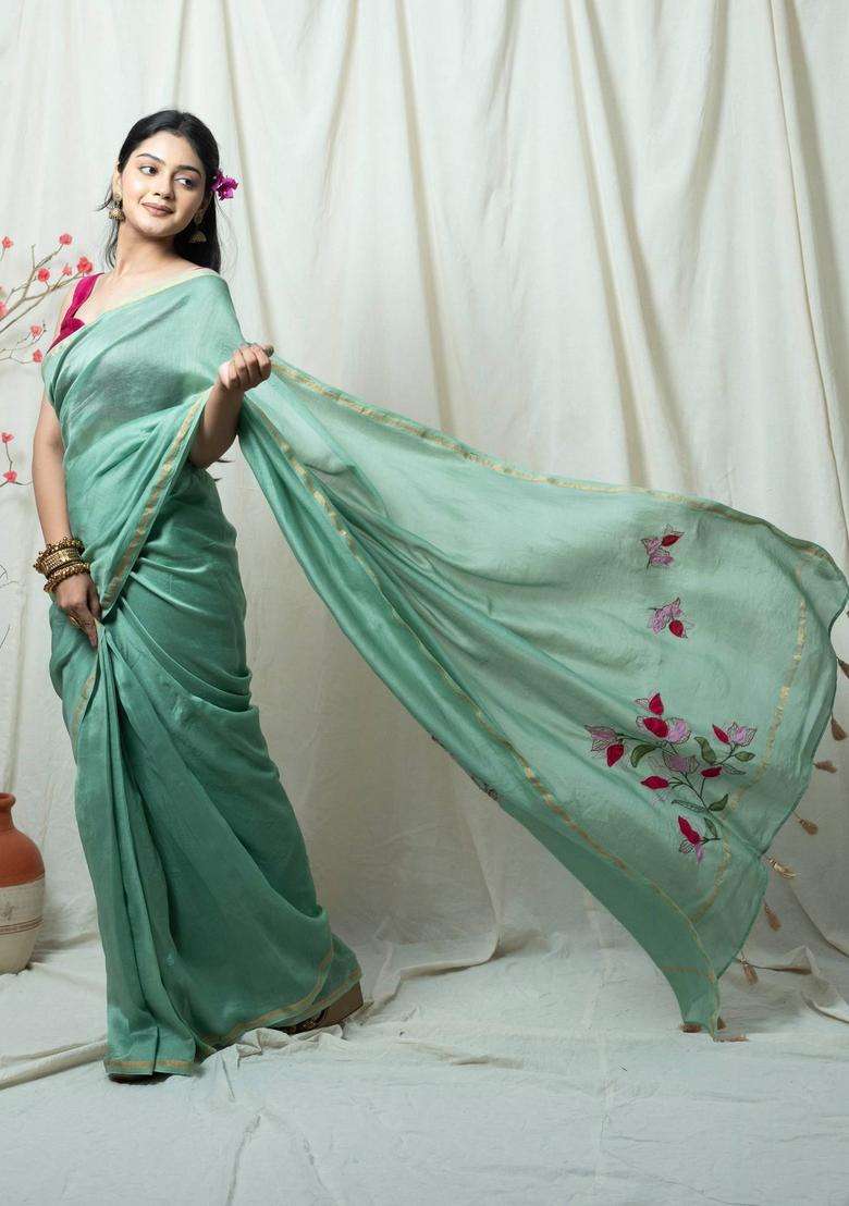 Seher Sage Green Floral Hand Embroidery Saree without Blouse for Women Festive Wear - Indya