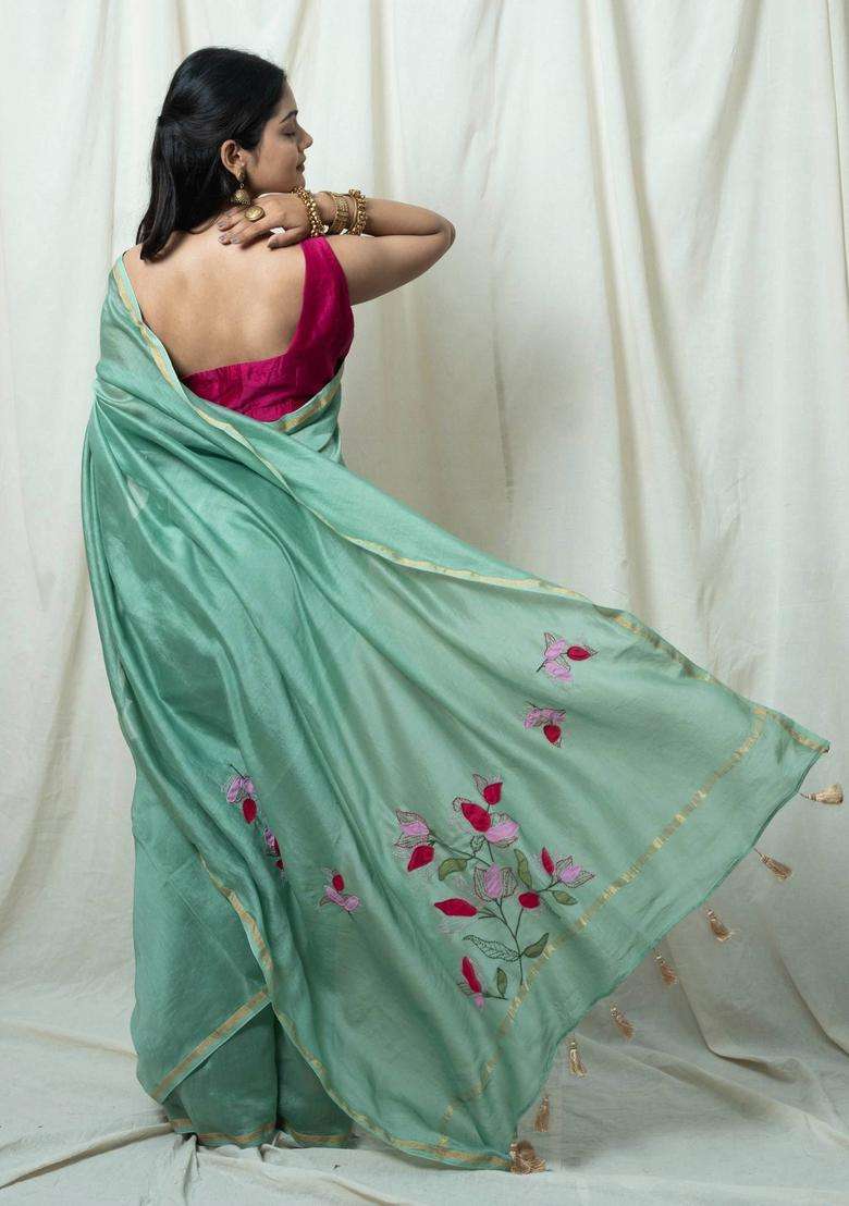 Seher Sage Green Floral Hand Embroidery Saree without Blouse for Women Festive Wear - Indya