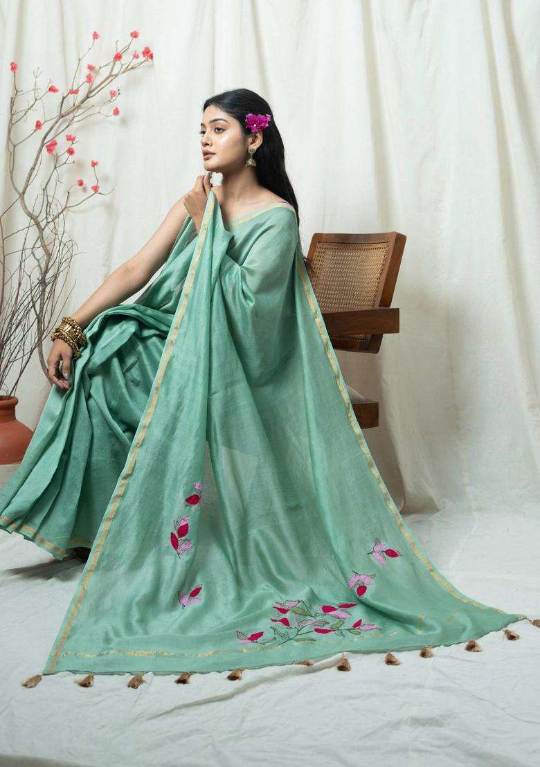 Seher Sage Green Floral Hand Embroidery Saree without Blouse for Women Festive Wear - Indya